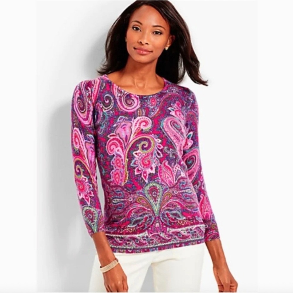 NWT Talbots Pure 100% Cashmere Sweater Medium Pink Paisley Preppy Classic Office